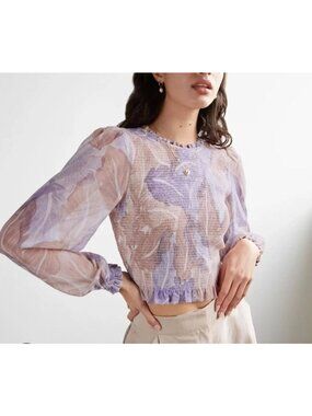 Wilfred Aritzia Tempest Blouse Palm Smocked Bodice Crop Puff Sleeves Top Size XS